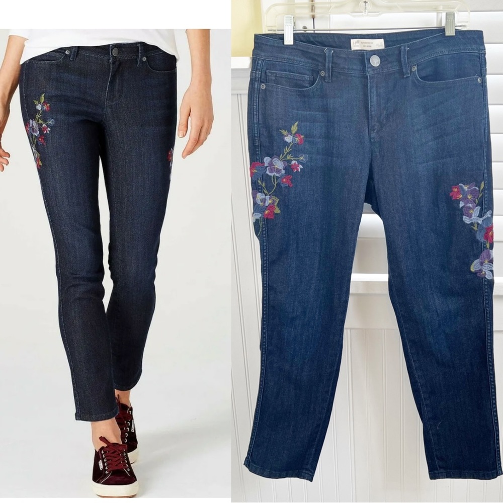 J. Jill Dark Wash Denim Floral Embroidered Luna Slim Fit Ankle Jeans Size 8P